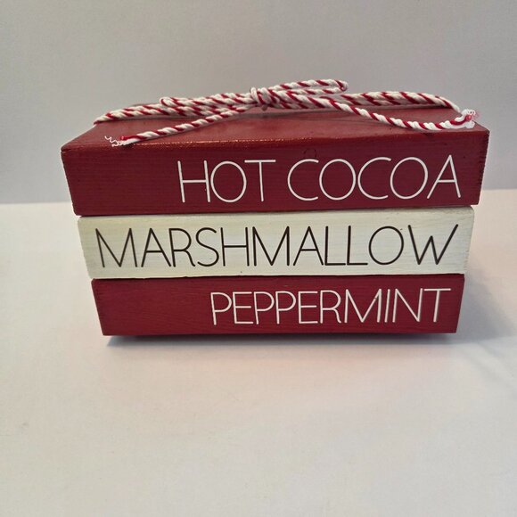 Rustic Holiday Wooden Block Décor – Hot Cocoa, Marshmallow, Peppermint – Handpai - Picture 1 of 9